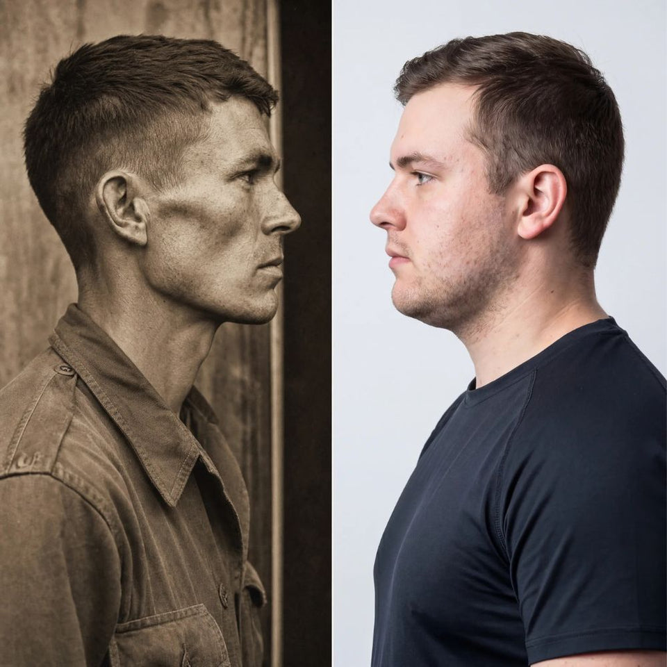 Side-by-side, 1950s soldier portrait vs modern lifter side profile