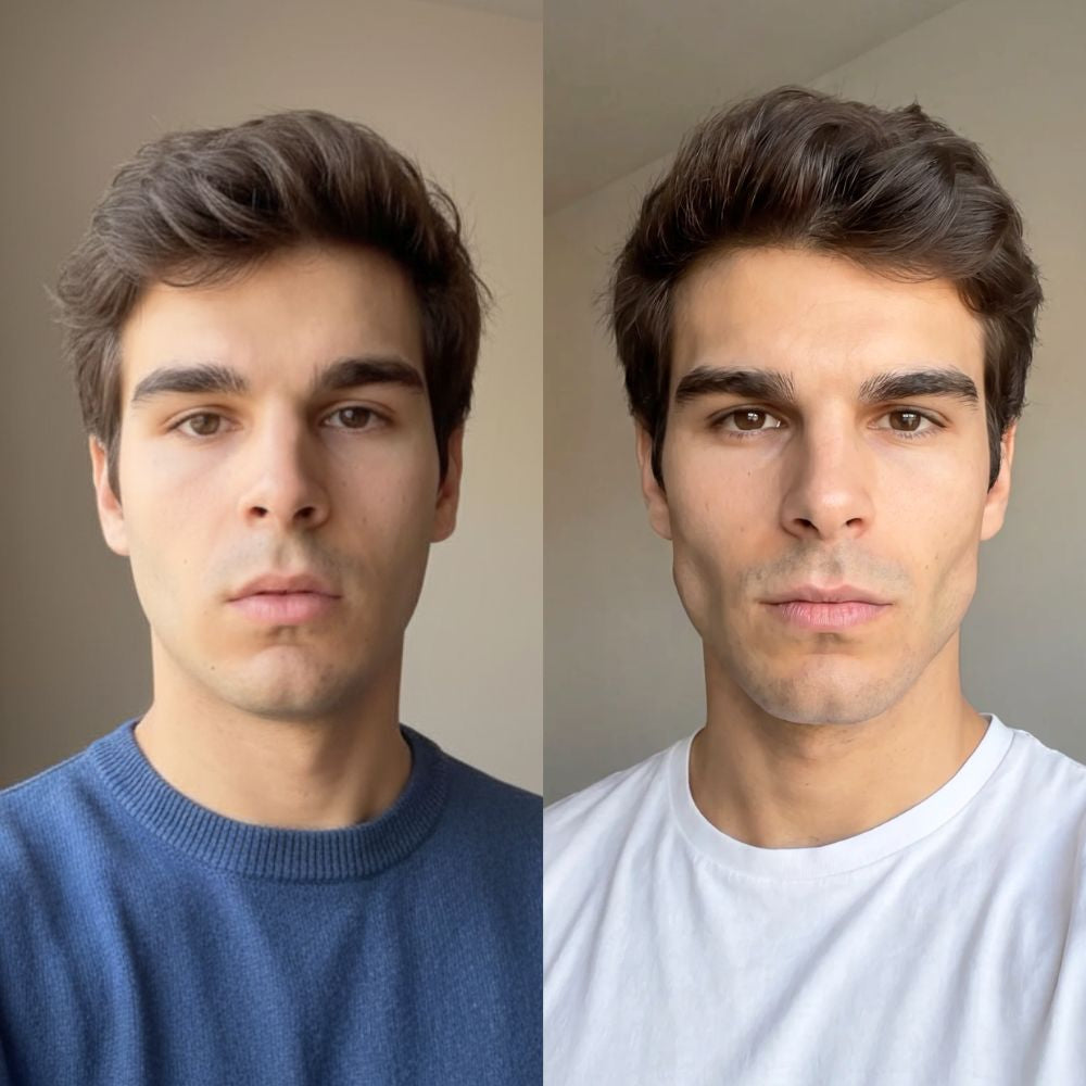Before/after side profile comparison OR candid progress photo