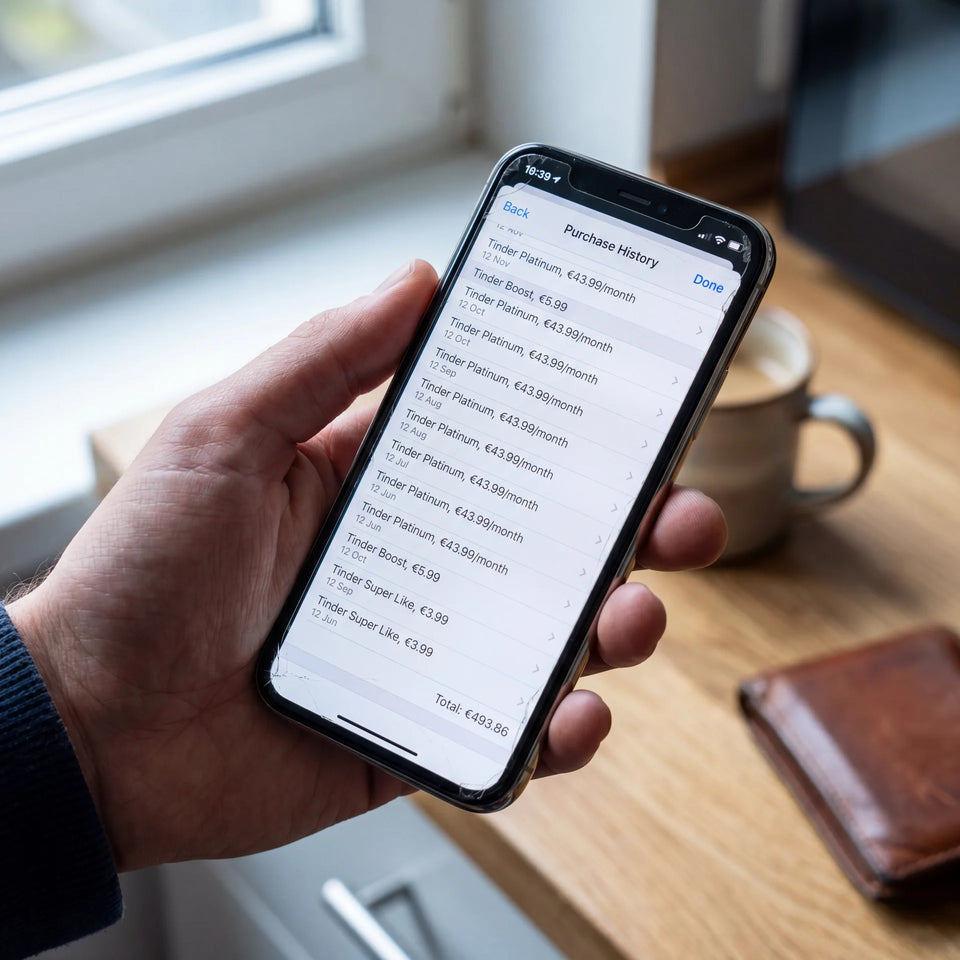 Apple receipt showing recurring Tinder Platinum and Boost charges