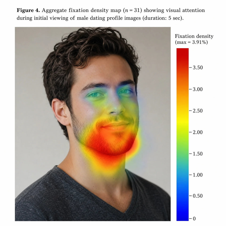 Eye-tracking heatmap on a male face showing concentration on jaw and chin