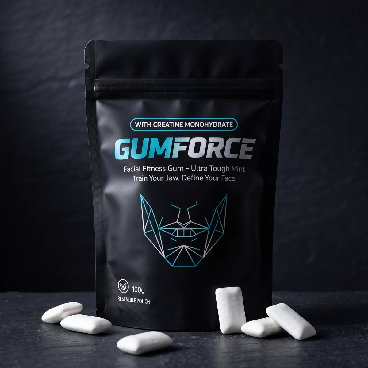 GUMFORCE matte black pouch with gum pieces visible