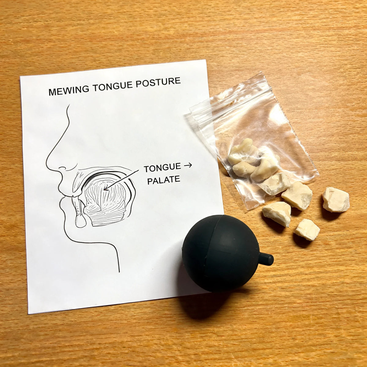 Composite of failed alternatives: mewing diagram, mastic gum block, silicone jaw exercise ball